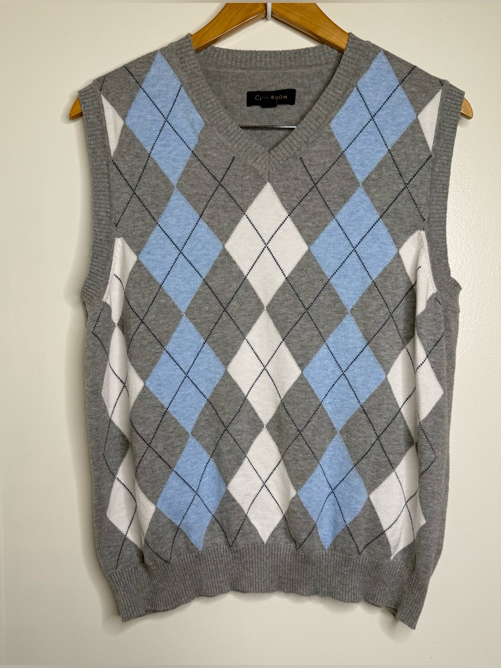 Club Room Argyle Sweater Vest Men’s Size Medium Light Blue Gray Academia Career